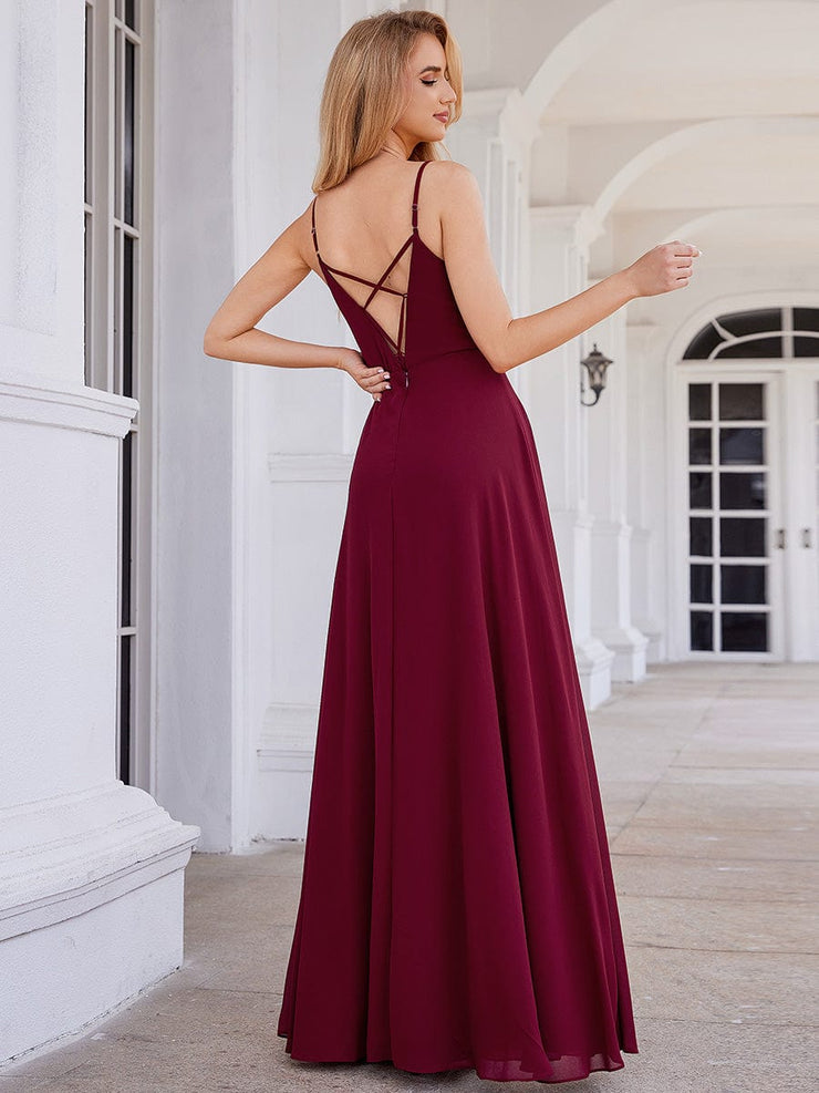 Chic V-Neck Pleated Sleeveless Applique Waist Bridesmaid Dress