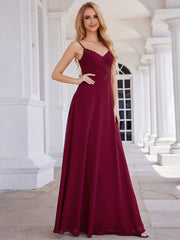 Chic V-Neck Pleated Sleeveless Applique Waist Bridesmaid Dress