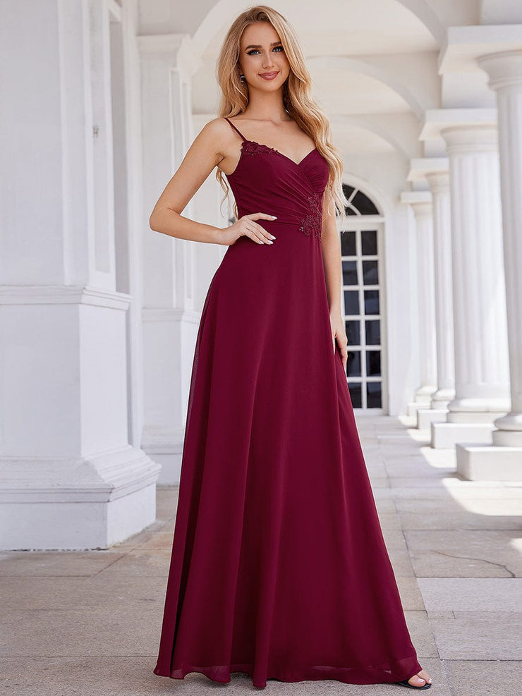 Chic V-Neck Pleated Sleeveless Applique Waist Bridesmaid Dress