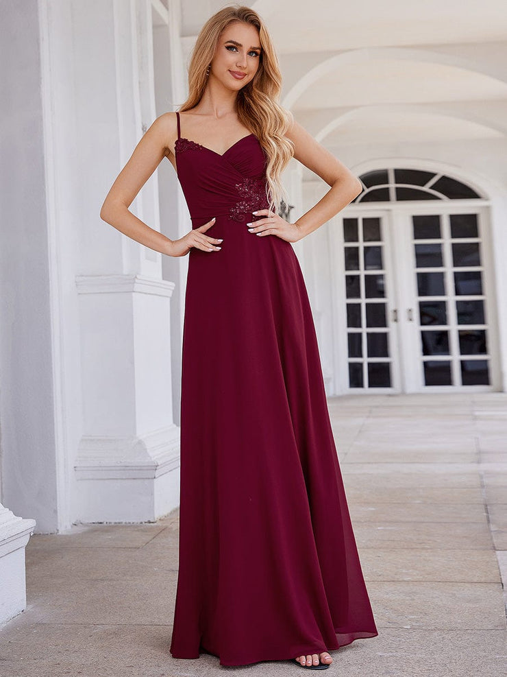 Chic V-Neck Pleated Sleeveless Applique Waist Bridesmaid Dress